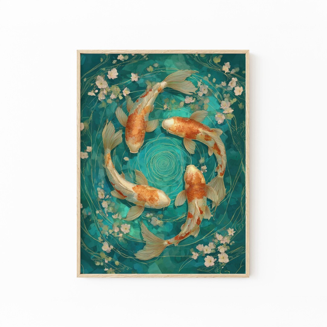 Koi Fish Art Print | Japanese Modern Floral Poster | Light Blue Bedroom ...