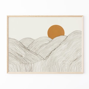 Japanese Alps Illustration Print | Japandi Wall Art | Japanese Sun Set Prints | Abstract Line Art | Mountains Line Art Drawing | JAI5