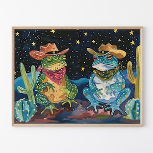 Stampa a olio di rana cowboy / Stampa di rana cowboy / Rospo e rana colorati e divertenti che indossano cappelli da cowboy con arte di cactus / FCF7