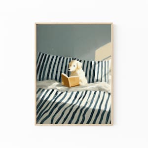 Lámina decorativa de Golden Retriever leyendo / Ilustración de un perro cómodo en la cama / Póster para amantes de los libros / Decoración original para el dormitorio / SLD4
