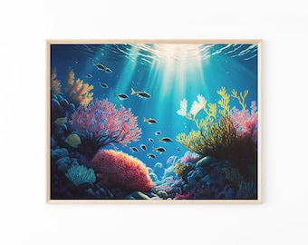 Bellissima barriera corallina con pesci tropicali, vita marina, pittura artistica oceanica, stampa opaca di alta qualità, oceano blu profondo