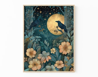 William Morris gouden kraaien schilderij print | Cottagecore-decor | Donkere academische kunst | Vintage illustratie van wilde dieren | Rustiek esthetiek | 2 CEF