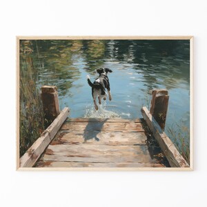 Happy Dog Jumping Off Dock Oil Painting Print | Happy Summertime Dog Art | Coastal Decor | Boat House Art | Gift for Dog Lovers | HDO3