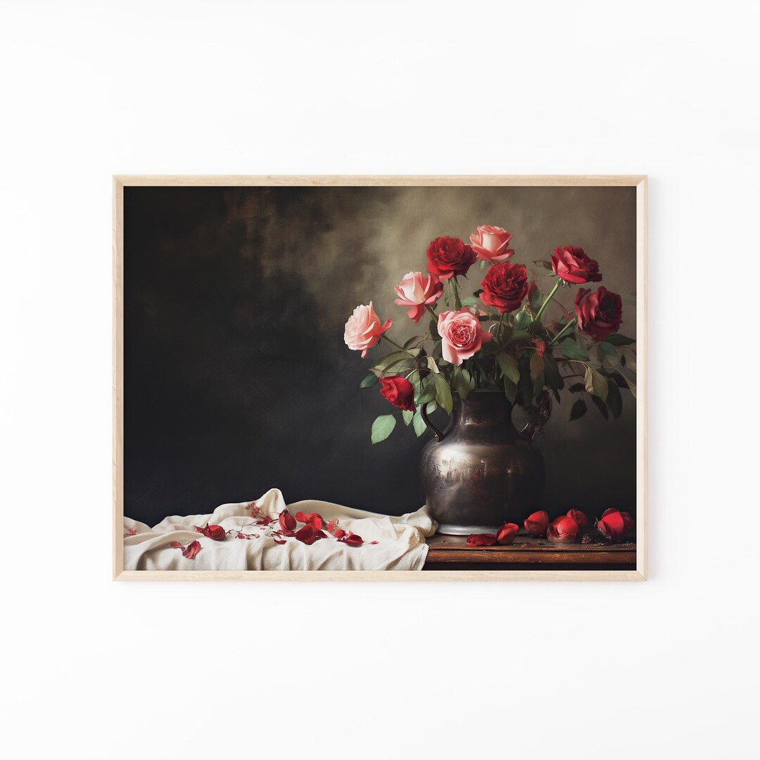 Vintage Moody Dark Flower Rose Flower Still Life Painting Print | Dark ...