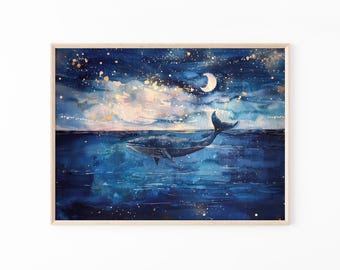 Celestial Night Whale Watercolour Painting | Humpback Whale | Nursery Watercolour Artwork Print | CNW6