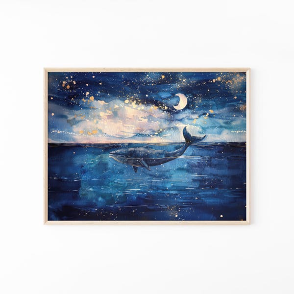 Celestial Night Whale Watercolour Painting | Humpback Whale | Nursery Watercolour Artwork Print | CNW6