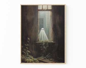 Ghost Outside Looking In Oil Painting, Vintage Poster, Art Poster Print, Dark Academia, Haunting Ghost, Halloween Decor VG03