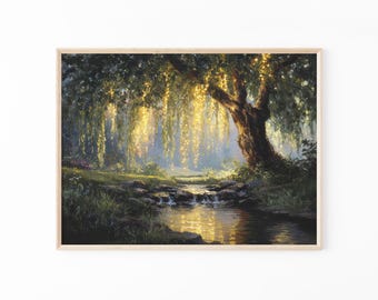 Willow Tree Fairies Oil Painting Print | Cottagecore Decor | Dark Academia Art | Enchanted Nature Wall Art | Rustic Aesthetic | TOP2