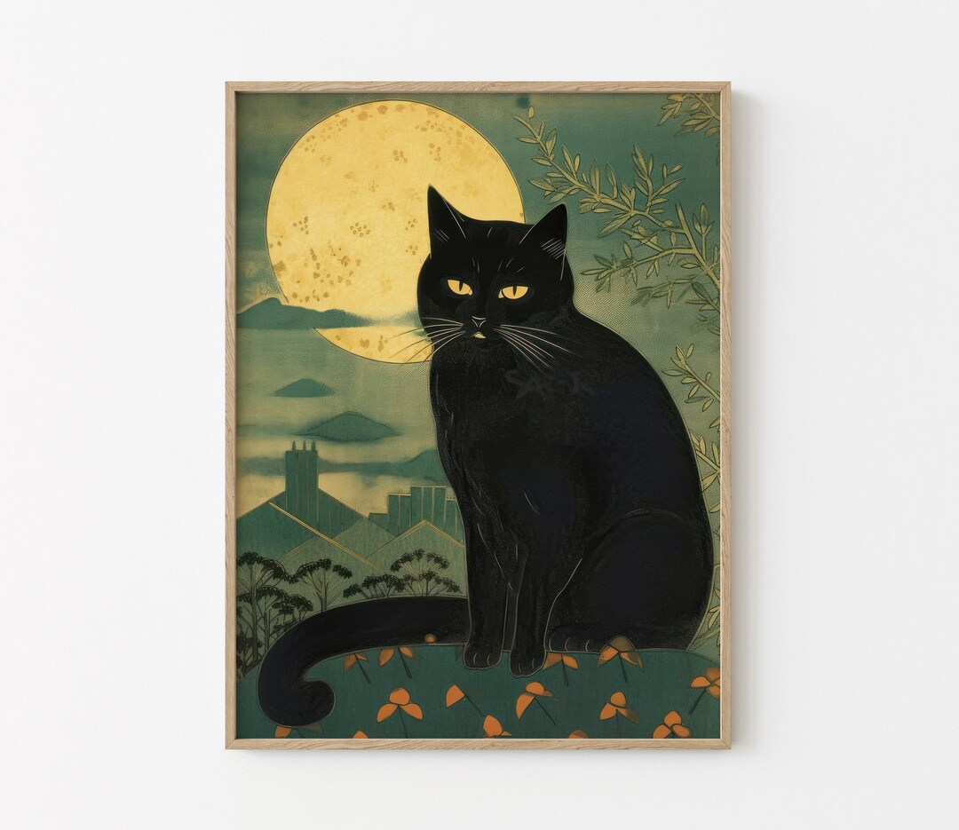 Japanese Cat Poster Japanese Cat Art Print Black Cat Etsy