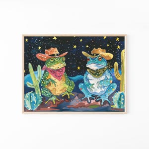Impresión de pintura al óleo de rana vaquera / Impresión de rana vaquera / Sapo y rana coloridos, divertidos y extravagantes, con sombreros de vaquero y cactus / FCF7