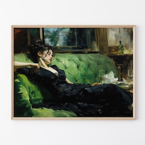 Decadent Young Woman after the Dance, Still Life Woman, Vintage Wall Art, Emerald Green Art, Moody Wall Decor, Oil Painting Print DY01