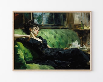 Decadent Young Woman after the Dance, Still Life Woman, Vintage Wall Art, Emerald Green Art, Moody Wall Decor, Oil Painting Print DY01