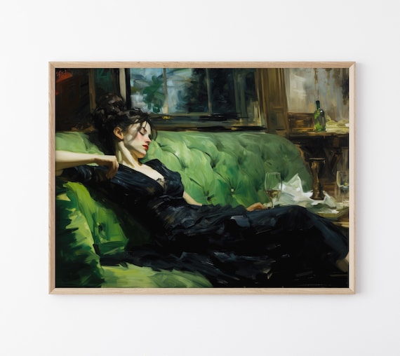 Decadent Young Woman after the Dance, Still Life Woman, Vintage Wall Art, Emerald Green Art, Moody Wall Decor, Oil Painting Print DY01