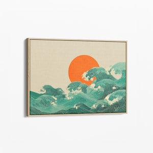 Japanische Sonnenuntergang Welle Leinwanddruck | Meer Sonne Dekor | Leinwand gerahmt | Wellen Japindi Art | Blau und Orange | Strand Haus Dekor | JSW3