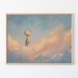 Stampa artistica con orsetto di peluche per cameretta dei bambini / Nuvola / Maschio Femmina / Genere Unisex Neutro Beige Naturale Palloncino Boho / BBT6