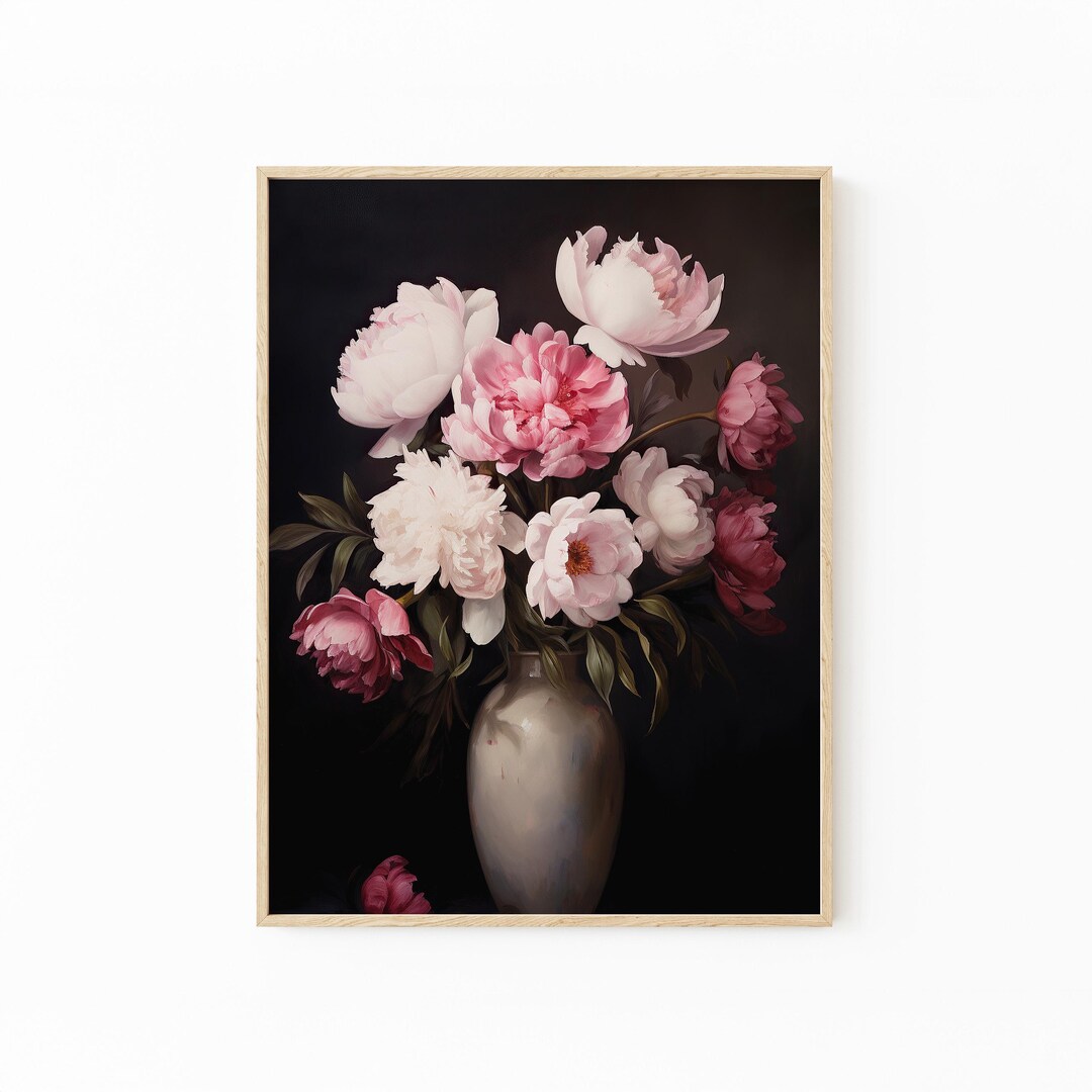 Vintage Moody Dark Peony Still Life Oil Painting Print | Floral Dark ...