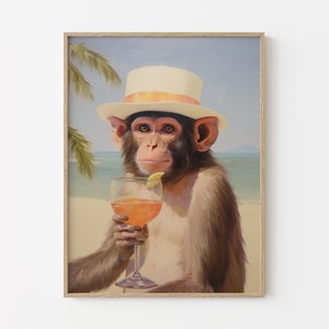 Affe mit Cocktail | Retro Barwagen Ästhetisches Dekor | Niedliches Wohnungswandbild | Surreales Kunstwerk | Lustiger Tierdruck | MCR7