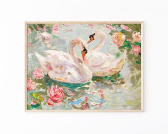 Pastel Swan in a Pond Oil Painting Print | Soft Pastel Wall Art | Pink and Green Decor | Girly Office Painting | PSIA1