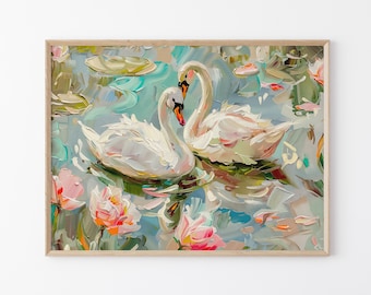 Pastel Swan in a Pond Oil Painting Print | Soft Pastel Wall Art | Pink and Green Decor | Girly Office Painting | PSIA5