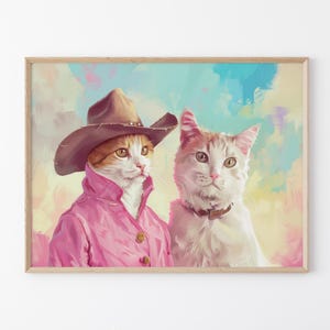 Stampa a olio di gatti da cowboy / Stampa di gatti da cowboy / Arte murale colorata / Decorazione massimalista / Decorazione eclettica occidentale funky per la stanza / CCO7