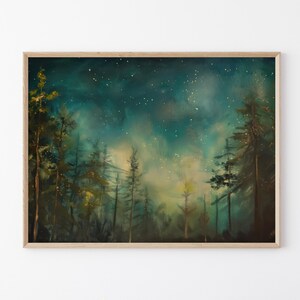 Dipinto ad olio di foresta e stelle malinconiche / Pini sotto il cielo stellato della notte / Stampa artistica di Woods / MFA3
