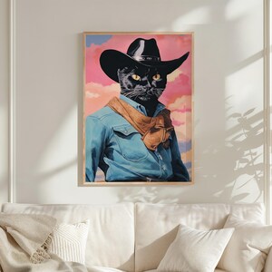a black cat wearing a cowboy hat and a blue denim jacket, standing against a colorful background.