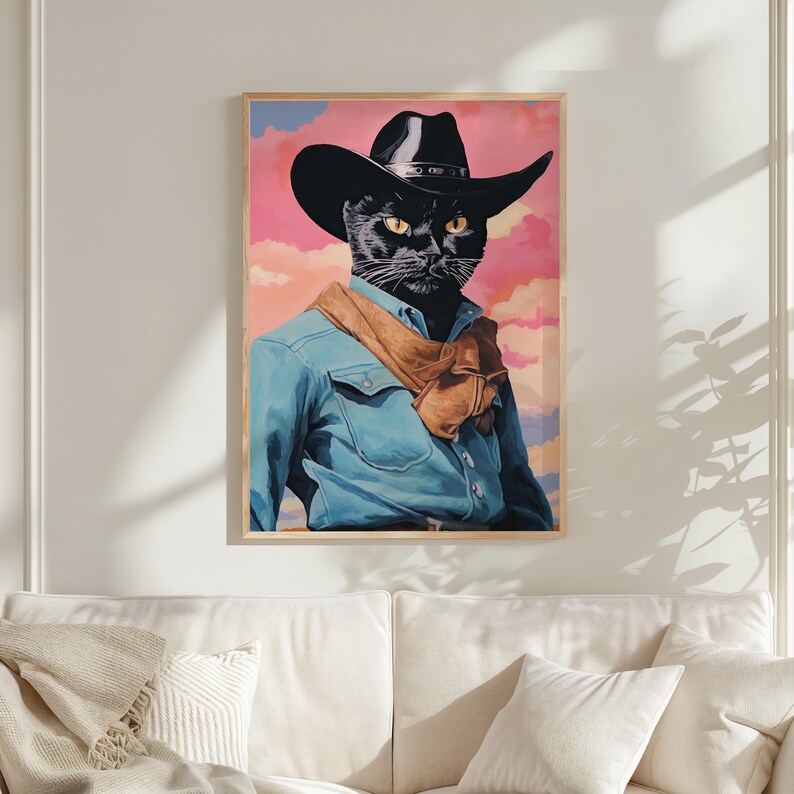 a black cat wearing a cowboy hat and a blue denim jacket, standing against a colorful background.