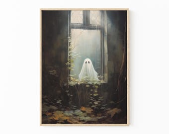 Ghost Outside Looking In Oil Painting, Vintage Poster, Art Poster Print, Dark Academia, Haunting Ghost, Halloween Decor VG04