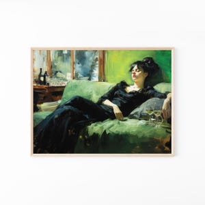 Decadent Young Woman after the Dance, Still Life Woman, Vintage Wall Art, Emerald Green Art, Moody Wall Decor, Oil Painting Print DY05