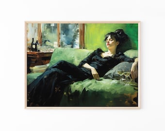Mulher jovem e decadente após o baile, natureza-morta feminina, arte de parede vintage, arte verde esmeralda, decoração de parede melancólica, impressão de pintura a óleo DY05