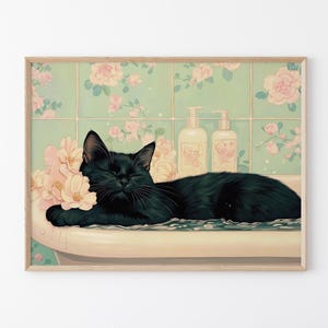 Black cat in a bathtub Painting Print | Japanese Bathroom Wall Art | Relaxation poster | Japan cat wall art | Neutral Japandi Print | BIC7