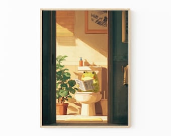 Pintura al óleo con estampado de rana japonesa / Impresión de rana para baño / Arte Hasui Kawase / Arte mural japonés / Arte mural divertido para baño / FPO2