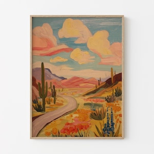 Südwestlichen Wüstenlandschaft Gemälde Druck | Pastell Kaktus Ocotillo | Agave Yucca | Texas Vintage Kunst | Natur Gemälde | AYT3