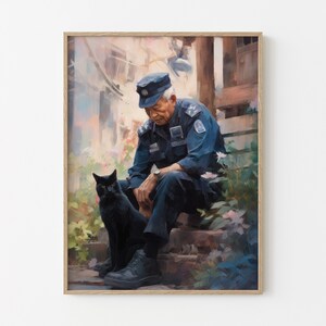 Poster di gatto poliziotto giapponese in pensione, stampa artistica di gatto giapponese, gatto nero, decorazione da parete con gatto, amanti dei gatti, regalo per amanti dei gatti, regalo per poliziotto in pensione