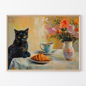 Cafe Croissant Cat Oil Painting Print | Kitchen Print | Bistro Coffee Poster | Un Cafe Sil Vous Plait | Kitchen Decor | Unique Prints | CCC8
