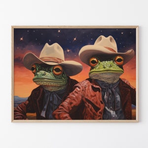 Dipinto surreale, divertente, colorato, rospo e rana che indossano cappelli da cowboy, stampa a olio