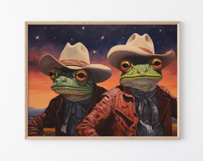 Painting Surreal Funny Colourful Toad and Frog wearing cowboy hats, Oil Painting Print