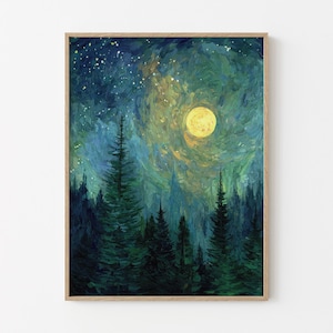 Moon & Stars Oil Painting Print | Vintage Dark Forest | Landscape Nature Decor | Celestial Night Sky Print | Farmhouse Print | MSO6
