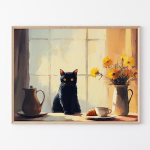 Cafe Croissant Cat Oil Painting Print | Kitchen Print | Bistro Coffee Poster | Un Cafe Sil Vous Plait | Kitchen Decor | Unique Prints | CCC7