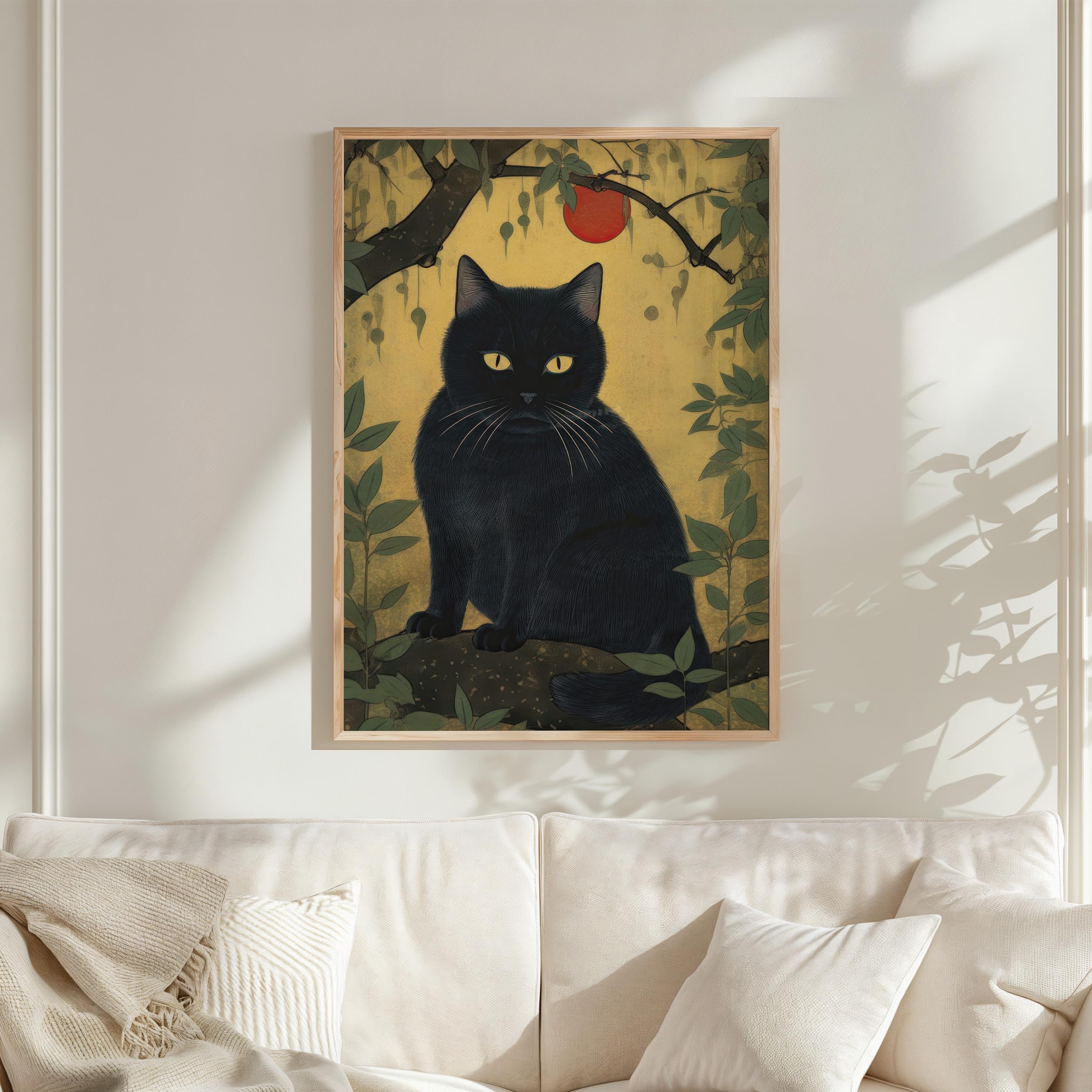ヴィンテージの日本の黒猫の絵画プリント｜猫の壁アート｜和風