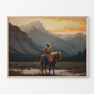 Stampa a olio di paesaggio vintage con cowboy, arte murale occidentale, decorazione murale di metà secolo, decorazione rustica del sud-ovest VLCO02
