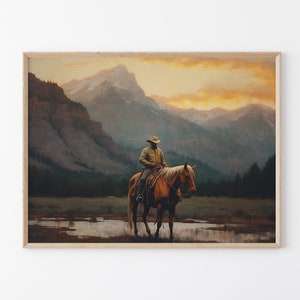 Vintage Landscape Cowboy Oil Painting, Western Wall Art, Mid-Century Wall Decor, Rustic Southwest Decor VLCO02