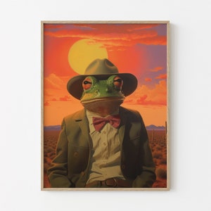 Stampa artistica da parete raffigurante una rana cowboy, surreale, stravagante, divertente, colorata, raffigurante un rospo e una rana che indossano cappelli da cowboy con un abito.