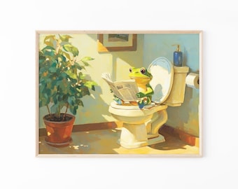 Pintura al óleo con estampado de rana japonesa / Impresión de rana para baño / Arte Hasui Kawase / Arte mural japonés / Arte mural divertido para baño / FPO3