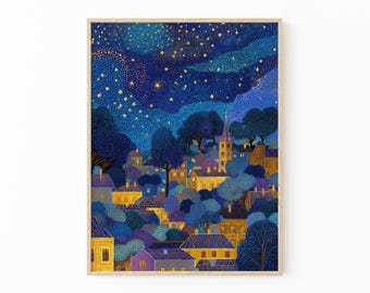 Gustav Klimt Village Night Print | Moon & Stars Fine Art Poster | CEL1
