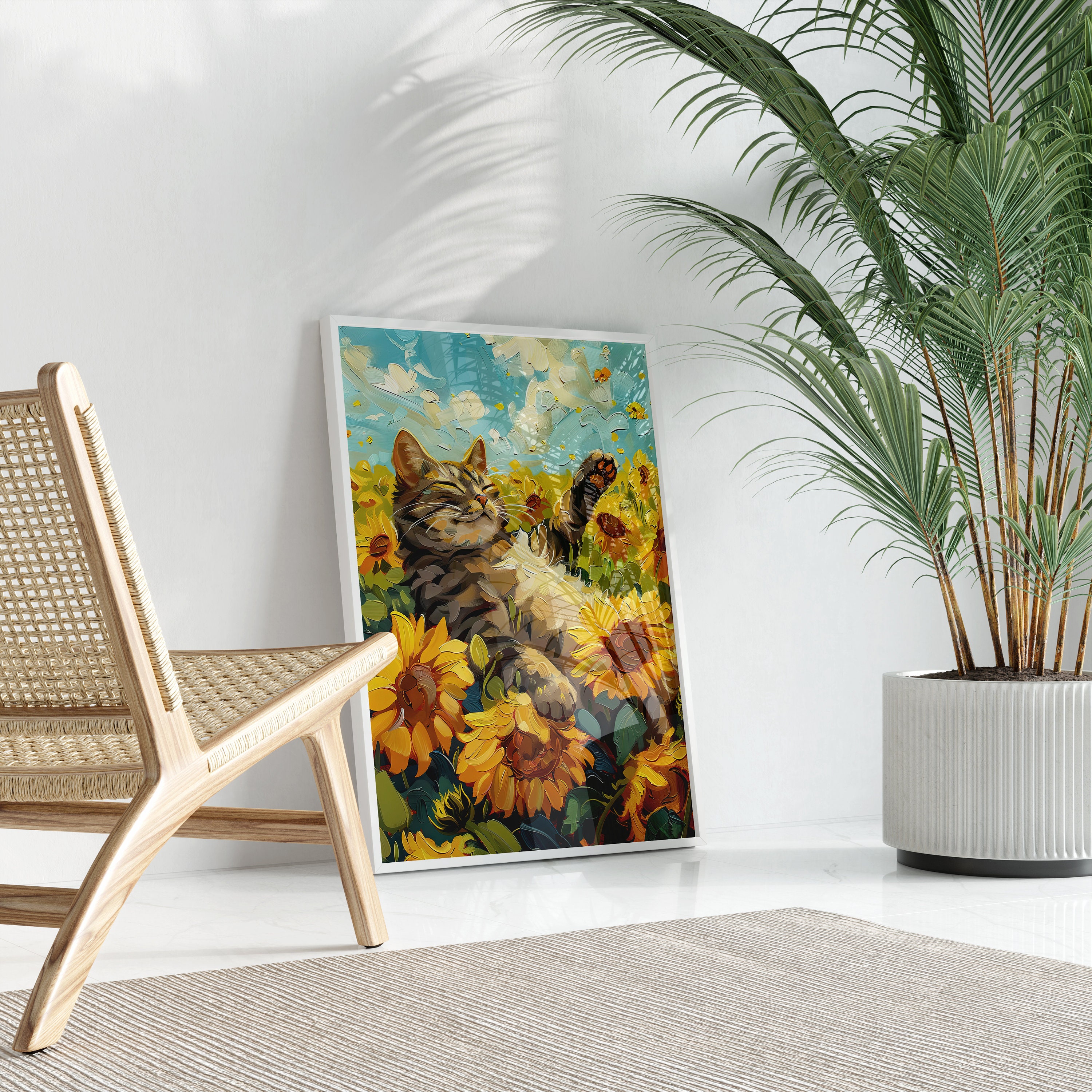 ヴィンテージひまわり猫油絵プリント | ゴッホのひまわり静物画に