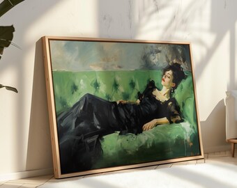 ダンス後の退廃的な若い女性の油絵キャンバスプリント、静物画の女性