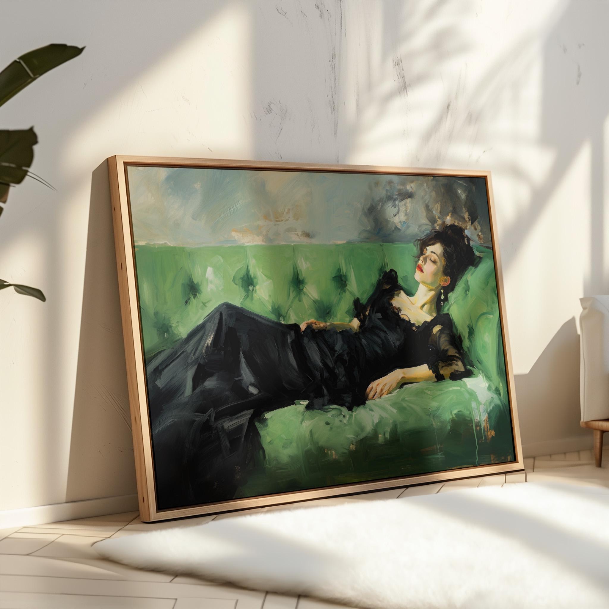 ダンス後の退廃的な若い女性の油絵キャンバスプリント、静物画の女性