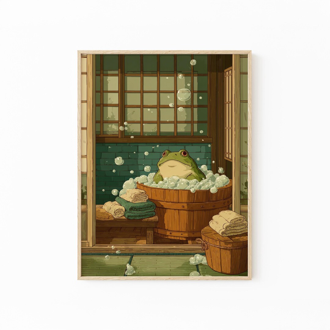 Japanese Frog in a Bathtub Art Print | Relaxing Japandi Bathroom Wall ...