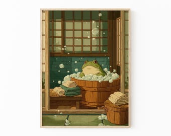Japanese Frog in a Bathtub Print, Japanese Bathroom Wall Art